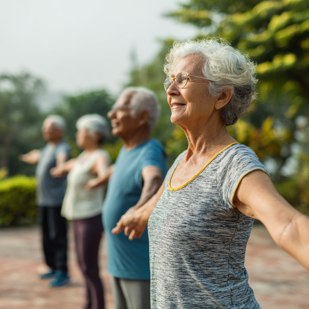Group of older adults doing gentle exercise in park setting