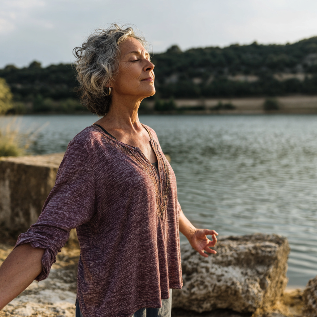 Mature adult practicing mindful movement in peaceful natural setting