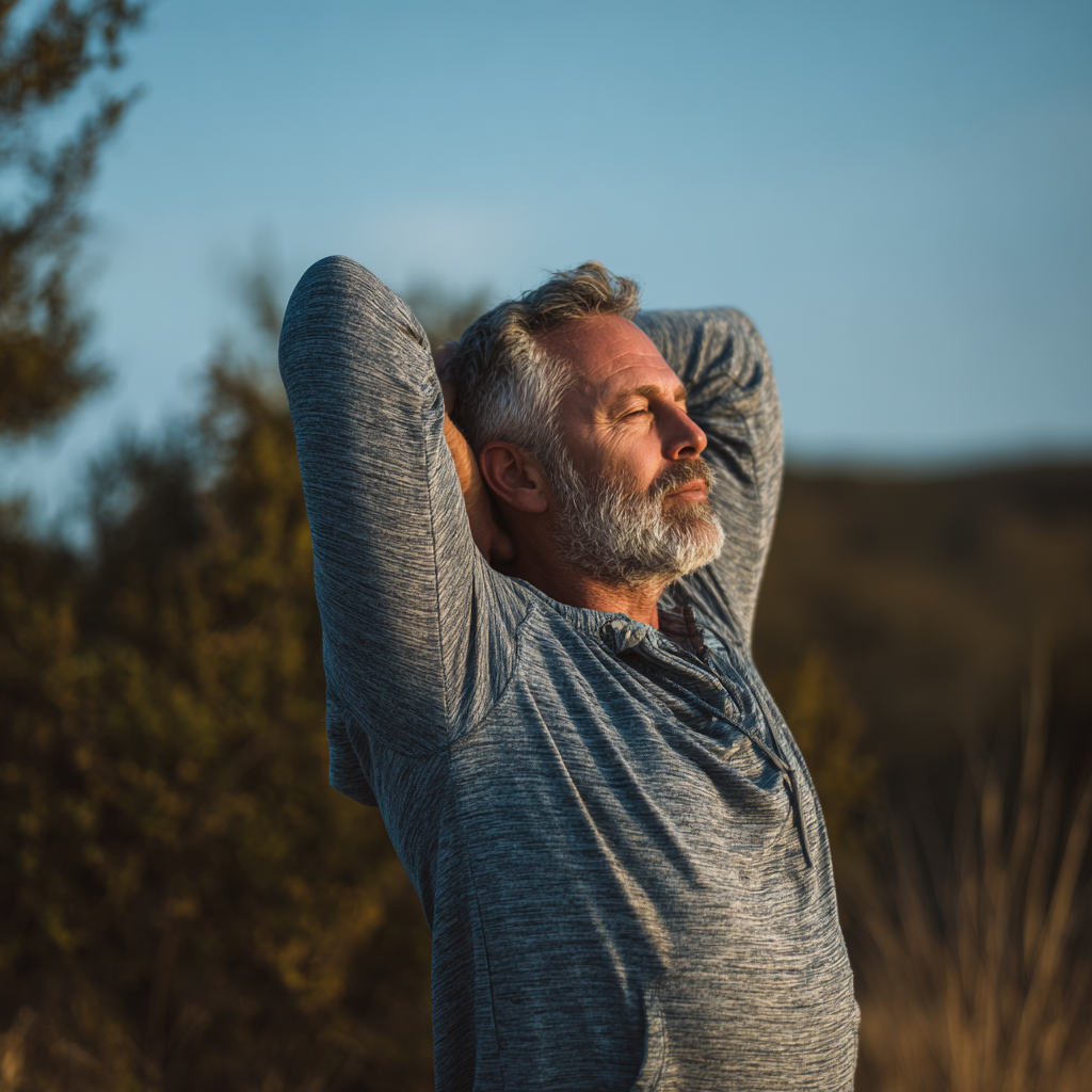 Middle-aged person doing gentle stretching exercises in natural environment